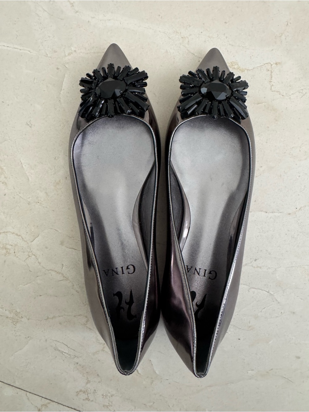 Gina Metallic Silver Pointed Toe Flats with Black Gem Accent Embellishment
